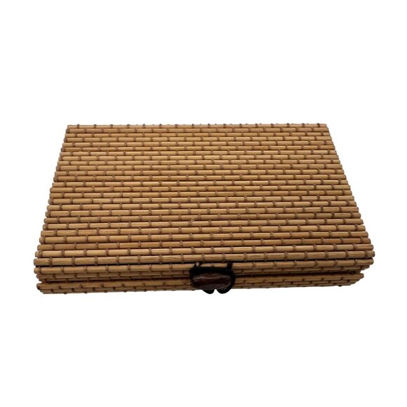 Vintage Woven Bamboo Mini Trinket Box Roll Top Wood Button Closure 5.25" - Picture 3 of 6